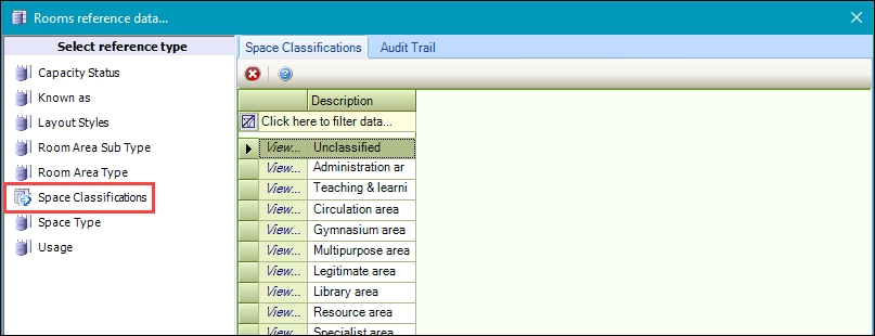 Space Classifications reference data