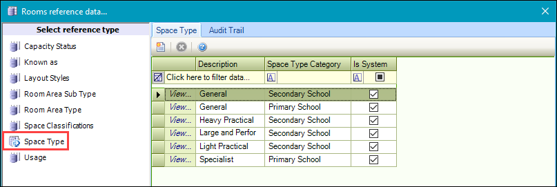 Space Type reference data