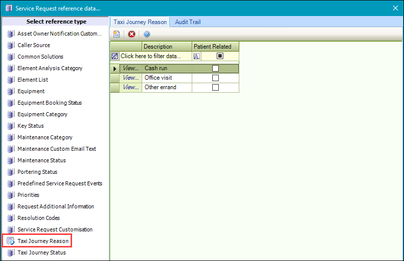 Taxi Journey Reason reference data