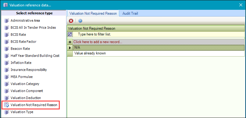 Valuation Not Required Reason reference data