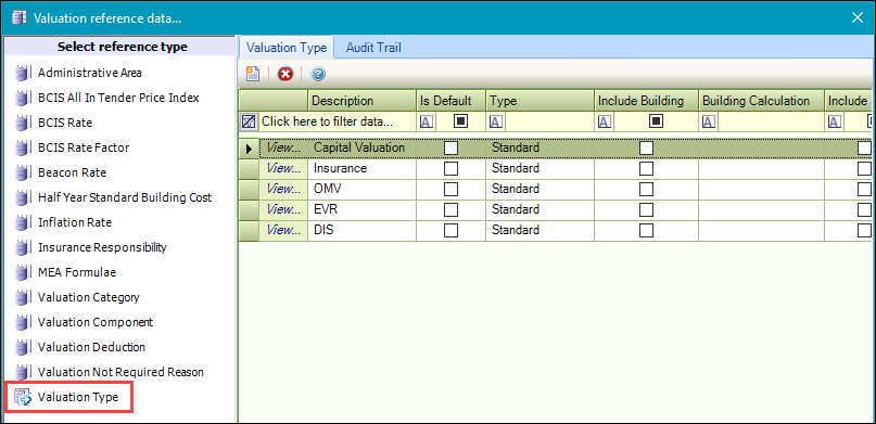 Valuation Type reference data