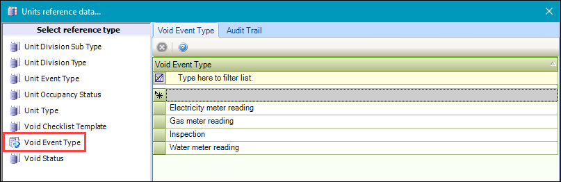 Void Event Type reference data