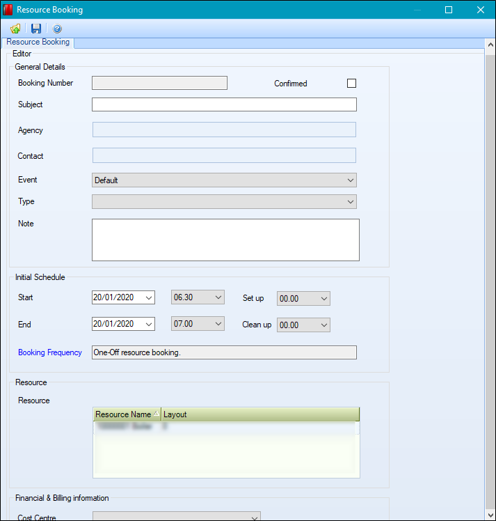 Resource Booking window